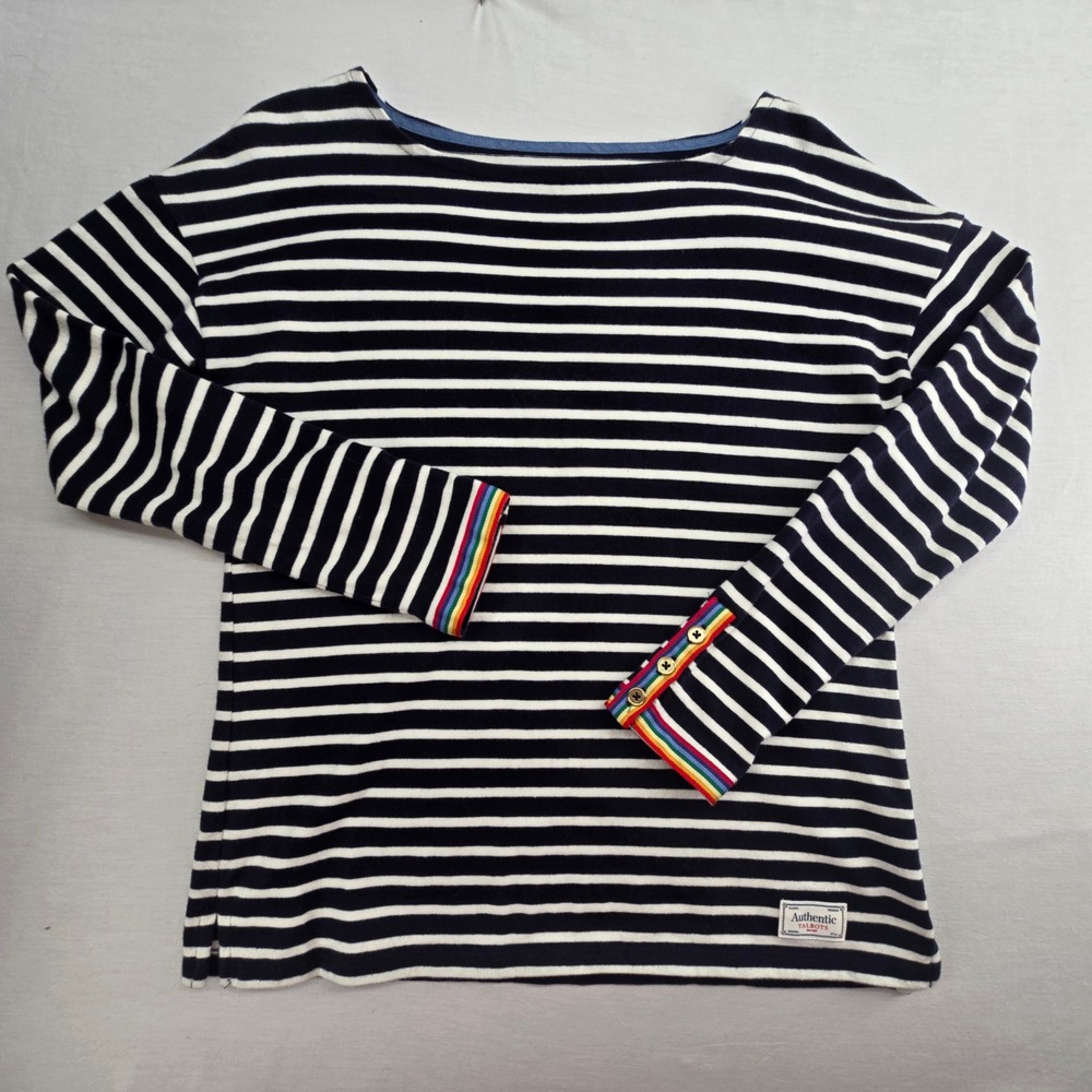 Talbots MP Boatneck Tee Nautical Navy White Striped Rainbow Cuff Button